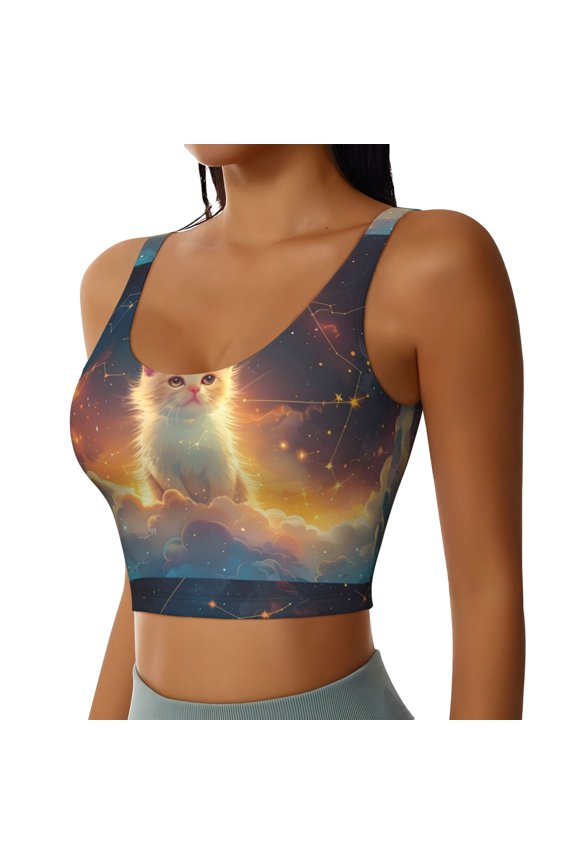 Starry Sky Constellation Cat Sports Bra for Women,Padded Strappy Sports Bras Medium Support Yoga Bra with Removable Cups,Running Yoga Bra-Large