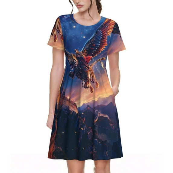 Picia Starry Sky Flying Tiger Pattern Women's Short Sleeve Summer Dress Pleated Loose Swing Knee Length Short Sleeve Swing Dresses