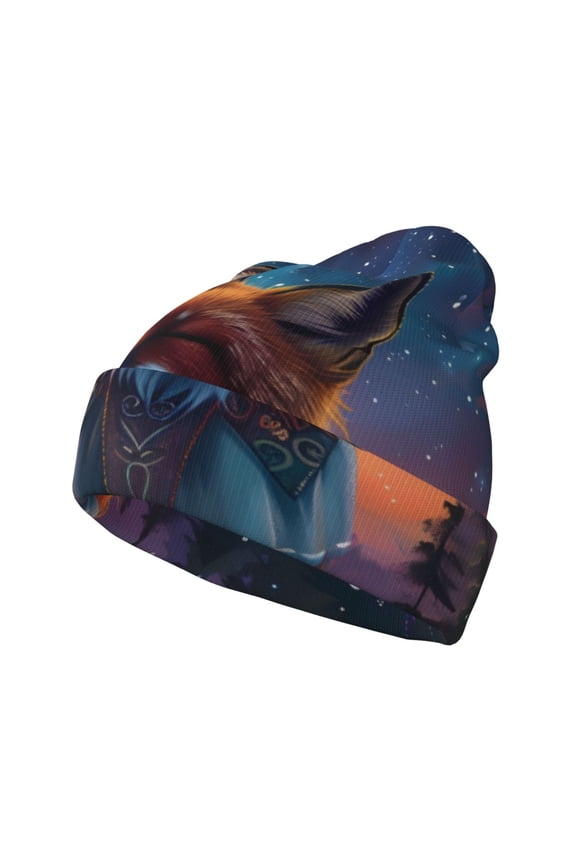 Starry Sky Meditating Fox Pattern Knitted Beanie Hat for Men and Women , Unisex Winter Warm Stretchy Knit Cap Thick Fisherman Beanies Cuffed Plain Skull Caps