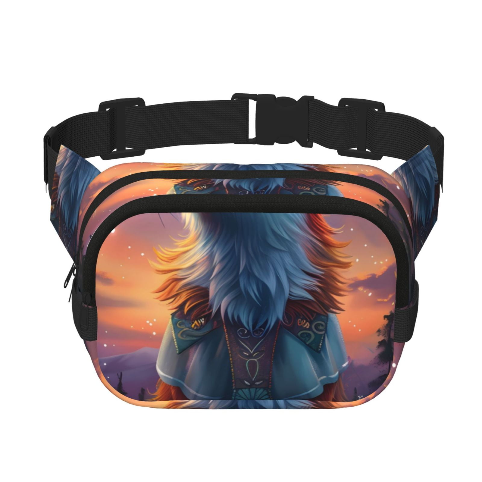 Picia Starry Sky Meditating Fox Print Square Double-Layer Waist Bag Mini Adjustable Waist Belt Bag Exercise Running Travel Hiking