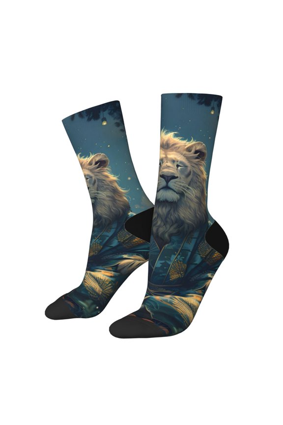 Starry Sky Meditating Lion Print Athletic Socks for Men & Women – Cushioned Moisture-Wicking Crew Socks for Sports, Running, and Training, Soft & Breathable Size 5-11