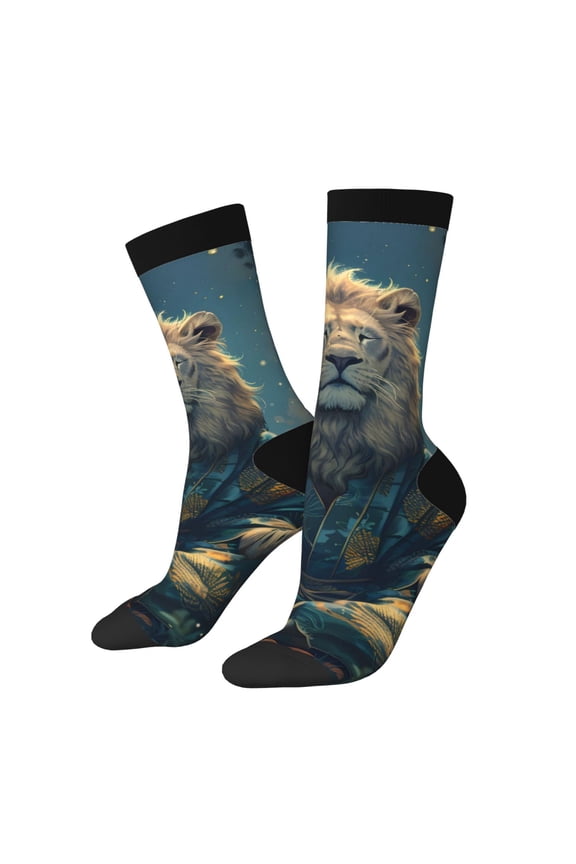 Starry Sky Meditating Lion Print Athletic Socks for Men & Women – Cushioned Moisture-Wicking Crew Socks for Sports, Running, and Training, Soft & Breathable Size 5-11
