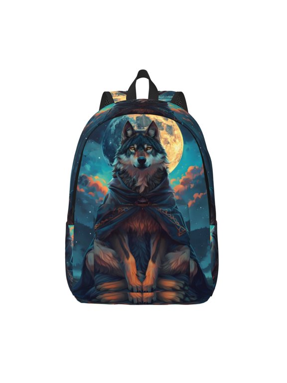 Starry Sky Moon Wolf Leader Printed Canvas Daypack - Stylish and Durable Vintage Compact Backpack - Class, Work, Travel, or Laptop Bookbag,Organized Compartments-Medium