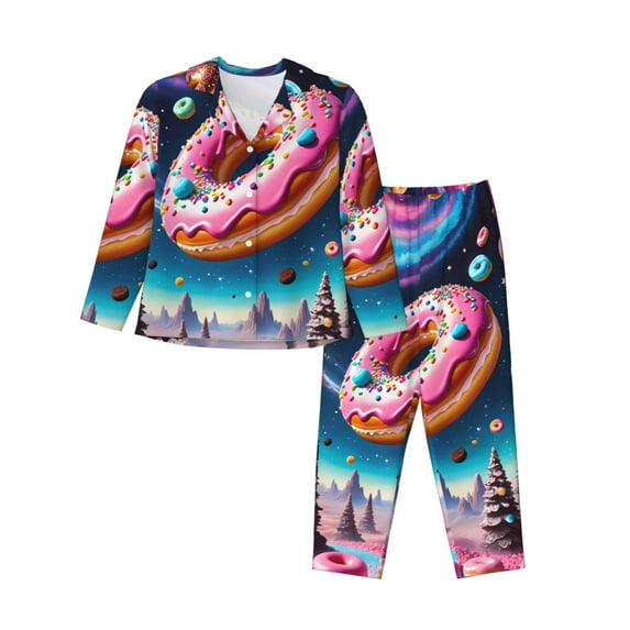 Picia Starry Sky Pine Tree Donut Pattern Women’s Long-Sleeve Sleepwear Set - Soft 2-Piece Loungewear with Pockets, Comfy PJs for Relaxing Nights-Medium