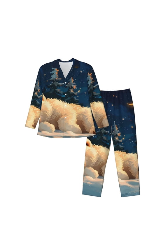 Starry Sky Sleep White Bear Pattern Men’s Long-Sleeve Sleepwear Set - Soft 2-Piece Loungewear with Pockets, Comfy PJs for Relaxing Nights-Small