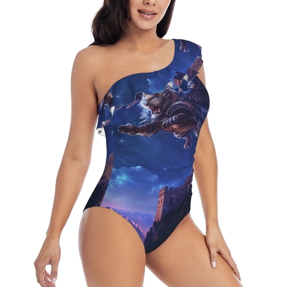 Picia Starry Sky Wall Flying Tiger Pattern Women's One Piece Swimsuits,One Shoulder Swimwear Asymmetric ,Ruffle Monokinis Bathing Suits,High Waisted Flattering Bathing Suits-Large