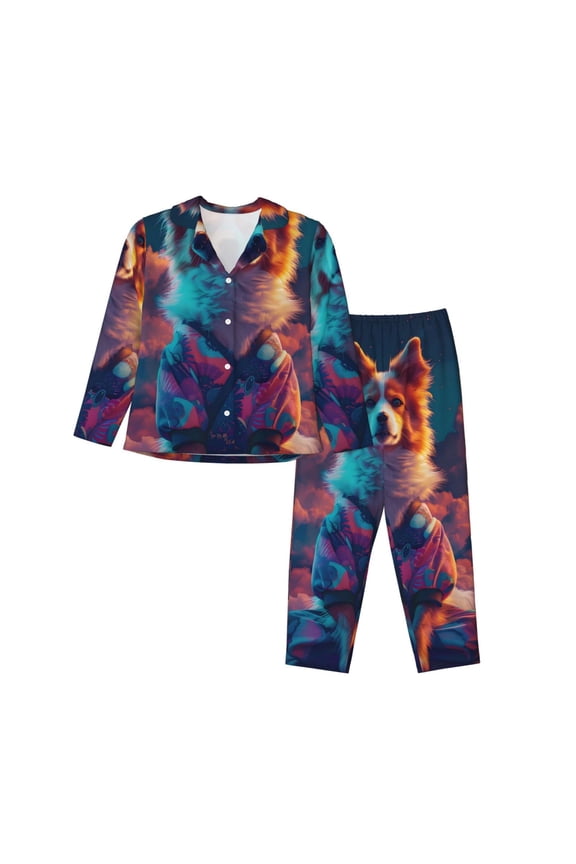 Starry Sky White Cloud Puppy Pattern Women’s Long-Sleeve Sleepwear Set - Soft 2-Piece Loungewear with Pockets, Comfy PJs for Relaxing Nights-XX-Large