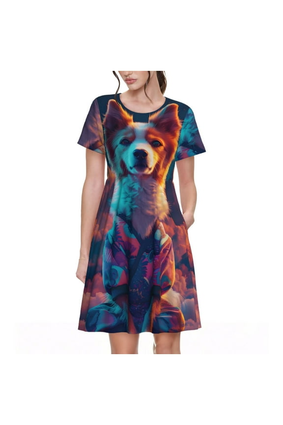 Starry Sky White Cloud Puppy Pattern Women's Short Sleeve Summer Dress Pleated Loose Swing Knee Length Short Sleeve Swing Dresses