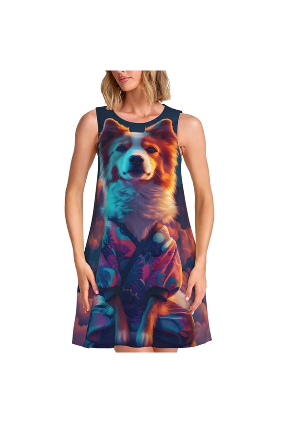 Starry Sky White Cloud Puppy Print Women’s Sleeveless Midi Swing Dress – A-Line Pleated Tank Sundress, Comfortable and Flowy T-Shirt Dress