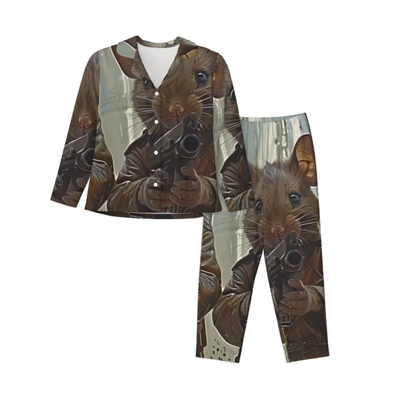 Picia Steampunk Space Mice Warriors Pattern Women’s Long-Sleeve Sleepwear Set - Soft 2-Piece Loungewear with Pockets, Comfy PJs for Relaxing Nights-Large