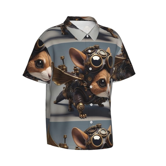 Picia Steampunk Squirrel Pilot Gentle Cotton Regular Fit Short Sleeve Casual Hawaiian Shirt for Men-Small