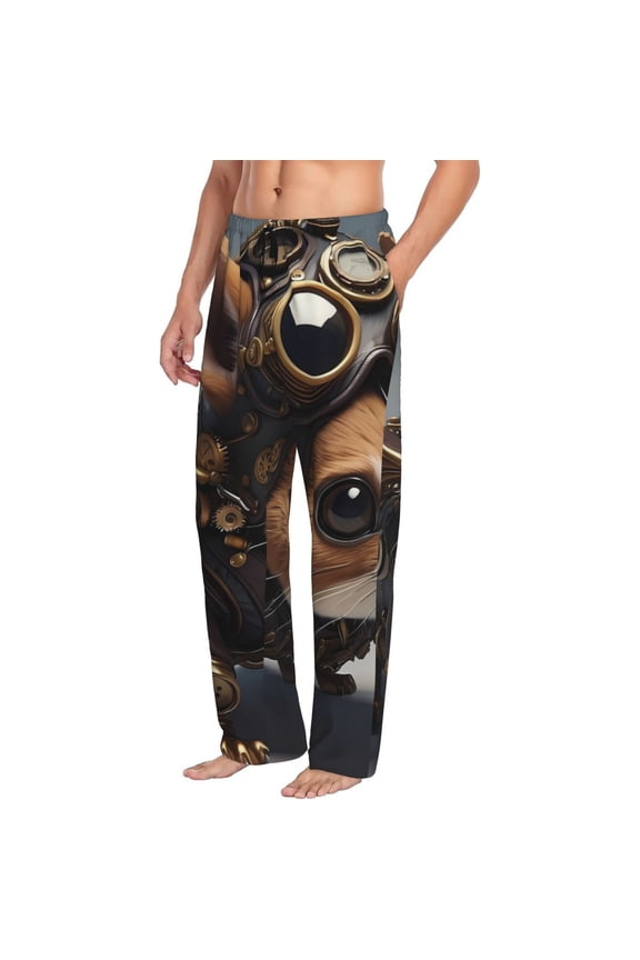 Steampunk Squirrel Pilot Mens Soft Woven Cotton Elastic Waistband Sleep Pajama Pant Lounge Sleep Pant With Pockets And Drawstring-Medium