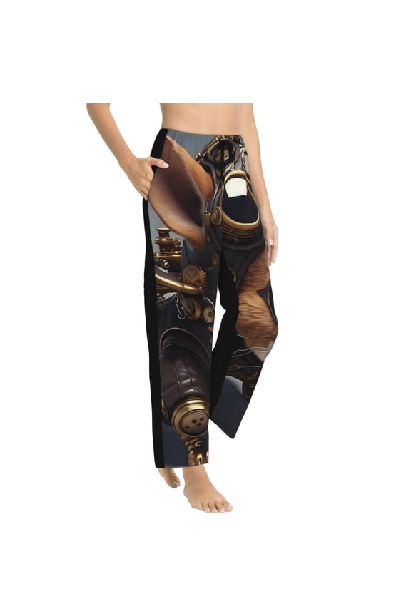 Steampunk Squirrel Pilot Womens Soft Woven Cotton Elastic Waistband Sleep Pajama Pant Lounge Sleep Pant With Pockets And Drawstring-Medium