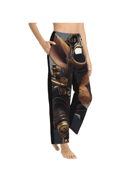 Steampunk Squirrel Pilot Womens Soft Woven Cotton Elastic Waistband Sleep Pajama Pant Lounge Sleep Pant With Pockets And Drawstring-Medium