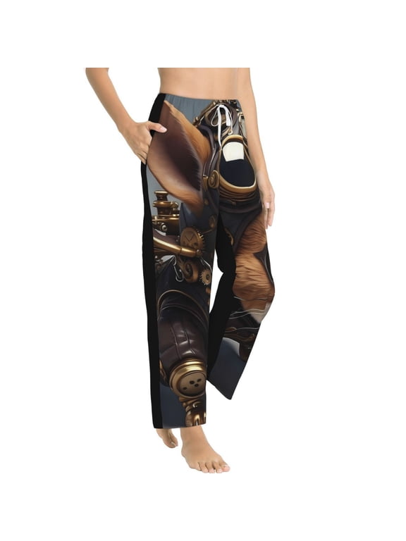 Steampunk Squirrel Pilot Womens Soft Woven Cotton Elastic Waistband Sleep Pajama Pant Lounge Sleep Pant With Pockets And Drawstring-Small