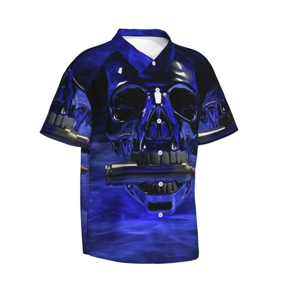 Picia Steel Skull Gentle Cotton Regular Fit Short Sleeve Casual Hawaiian Shirt for Men-Large