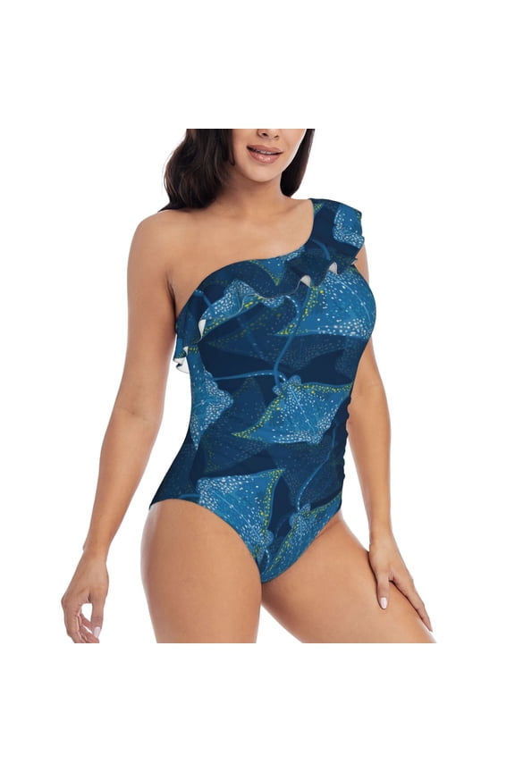 Stingray Pattern Women's One Piece Swimsuits,One Shoulder Swimwear Asymmetric ,Ruffle Monokinis Bathing Suits,High Waisted Flattering Bathing Suits-Large