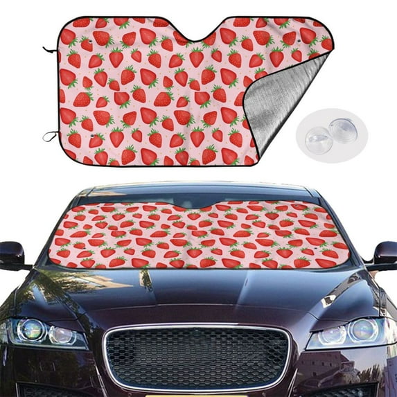 Picia Strawberries Curved Windshield Sunshade Accordion Folding Style Auto Shade for Car Truck SUV Van Blocks UV Ray Sun Visor Protector -Medium
