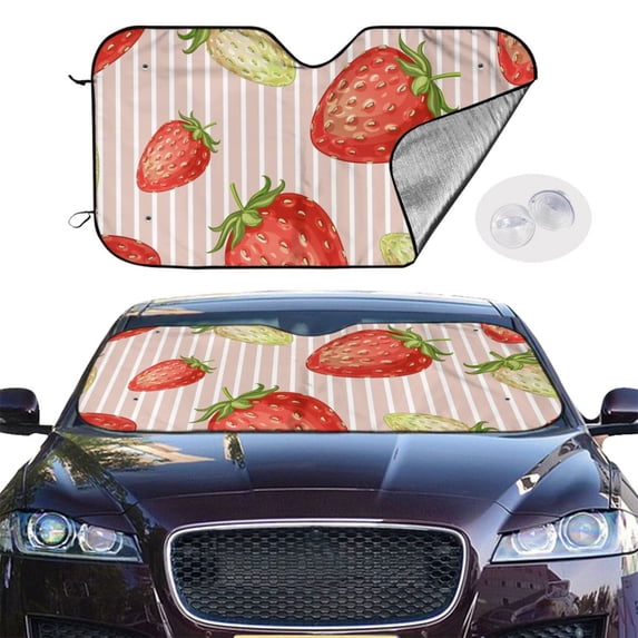 Picia Strawberries Curved Windshield Sunshade Accordion Folding Style Auto Shade for Car Truck SUV Van Blocks UV Ray Sun Visor Protector -