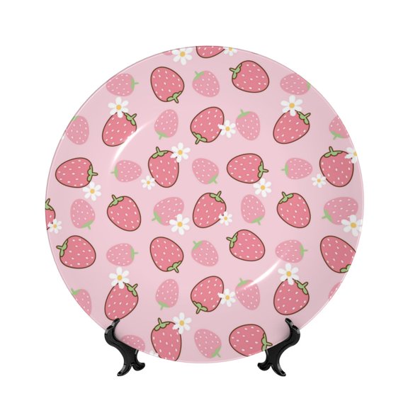 Picia Strawberries Pattern Bone China Decorative Plate – Wall Decor with Stand and Adhesive, Elegant Ornament for Living Room, Office, or Entryway-8in