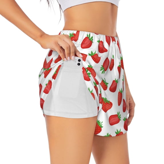 Picia Strawberries Pattern Women's 2 in 1 Athletic Running Shorts High Waisted Workout Casual Gym Sweat Shorts with Comfy Liner Zipper Pockets-Large