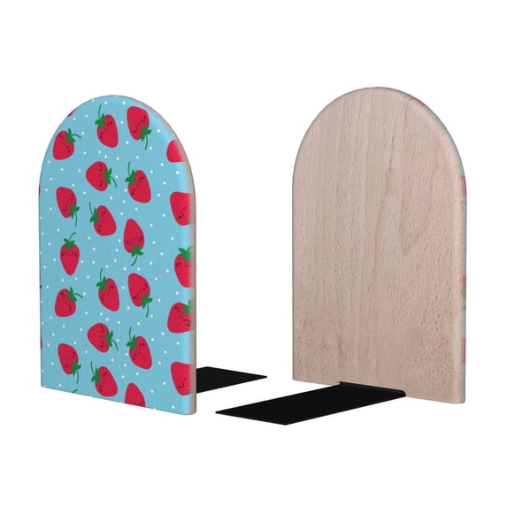 Picia Strawberries Pattern Wood Bookends for Shelves,Non-slip Bookends, Heavy Duty Wooden Bookend Support,1 Pair