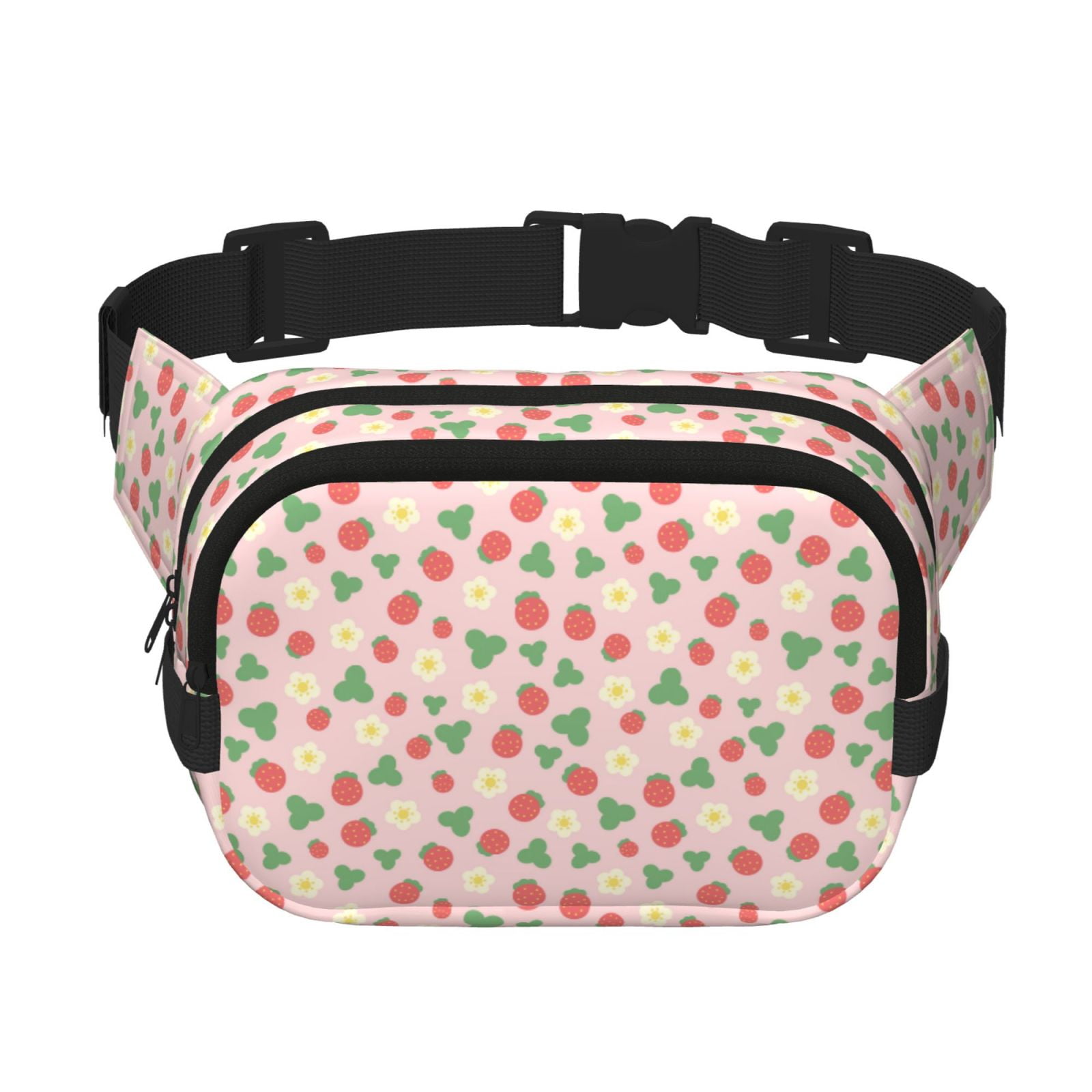 Picia Strawberry And Flowers Print Square Double-Layer Waist Bag Mini Adjustable Waist Belt Bag Exercise Running Travel Hiking