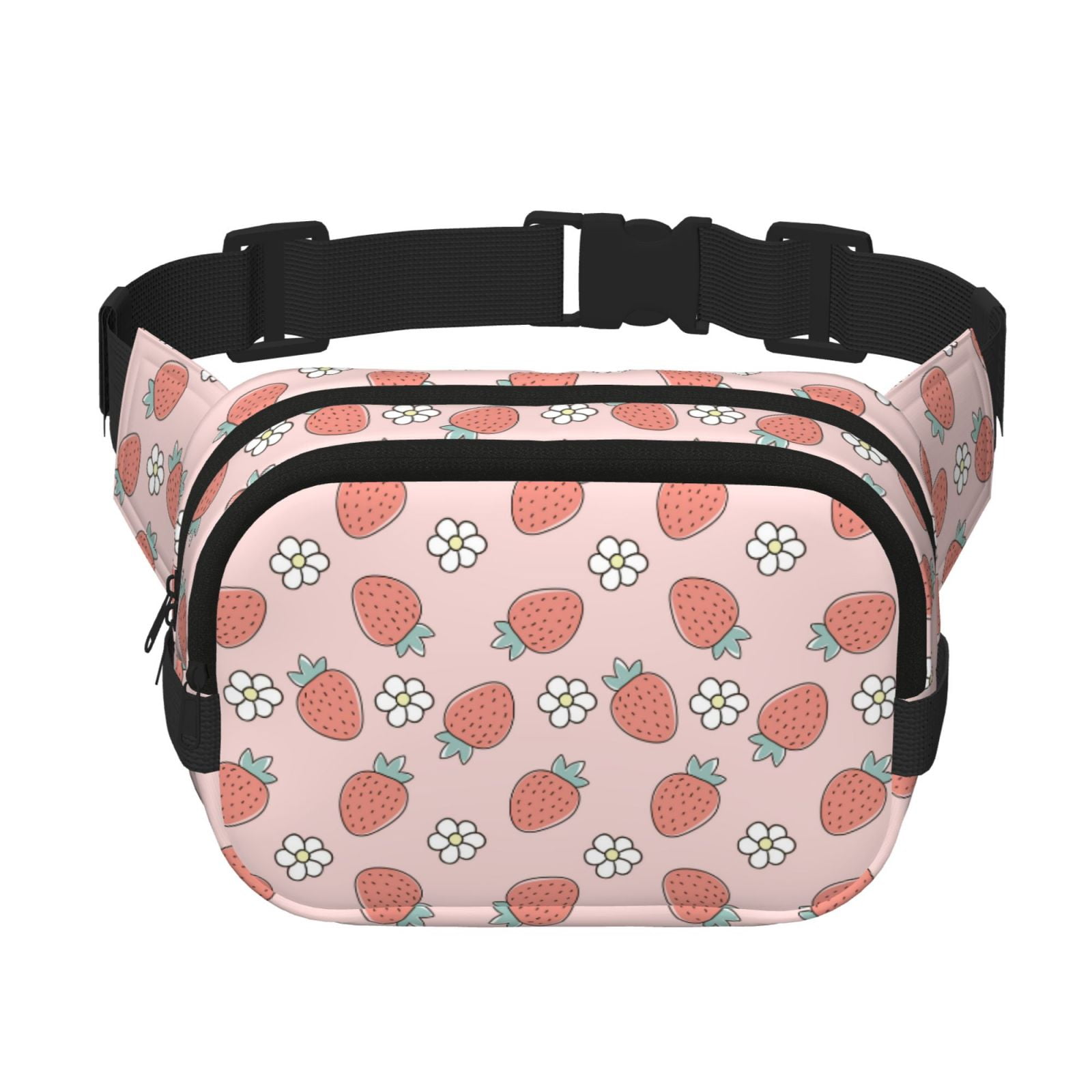 Picia Strawberry And Flowers Print Square Double-Layer Waist Bag Mini Adjustable Waist Belt Bag Exercise Running Travel Hiking