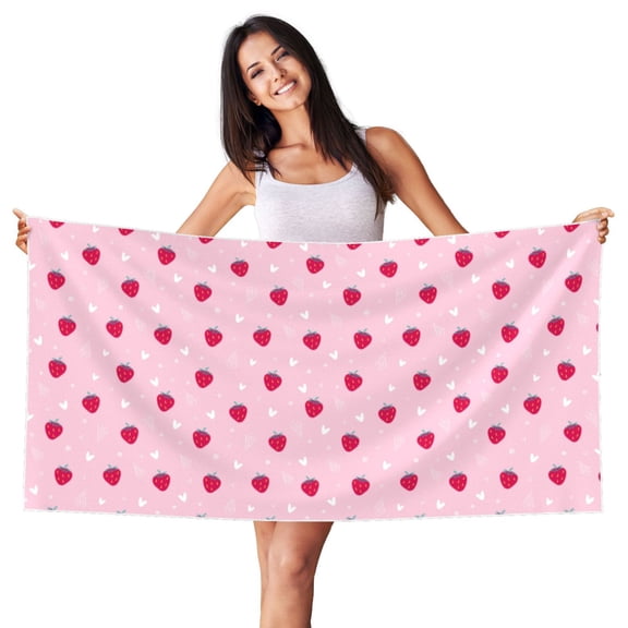 Picia Strawberry And Heart Print Silver Fox Velvet Beach Towel,Quick-Dry Beach Towel,Lightweight Travel Towel,Portable Beach Towels