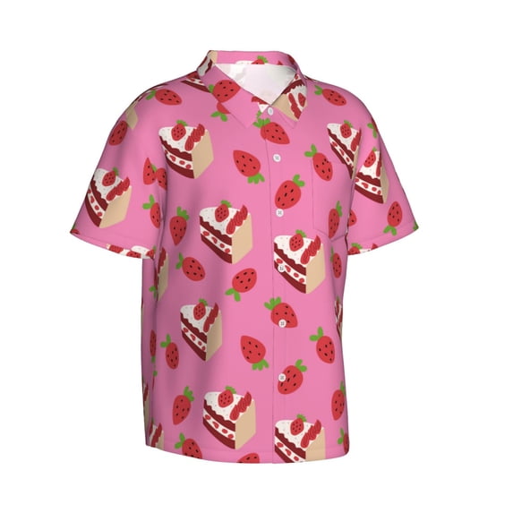 Picia Strawberry Cake Gentle Cotton Regular Fit Short Sleeve Casual Hawaiian Shirt for Men-X-Large