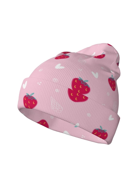 Strawberry And Heart Pattern Knitted Beanie Hat for Men and Women , Unisex Winter Warm Stretchy Knit Cap Thick Fisherman Beanies Cuffed Plain Skull Caps