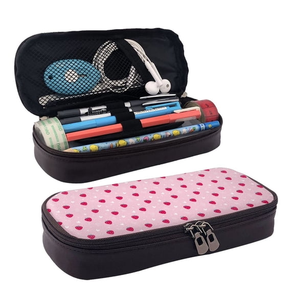 Picia Strawberry And Heart Pattern Large Capacity PU Leather Pencil Case Organizer Pen Marker Holder Double Zipper Storage Bag Big Pencil Pouch for College Office