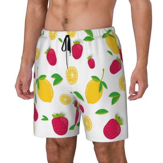 Picia Strawberry and Lemon pattern Mens Swim Trunks with Compression Liner Stretch Beach Shorts Quick Dry with Zipper Pockets No-Chafing Board Shorts-X-Large