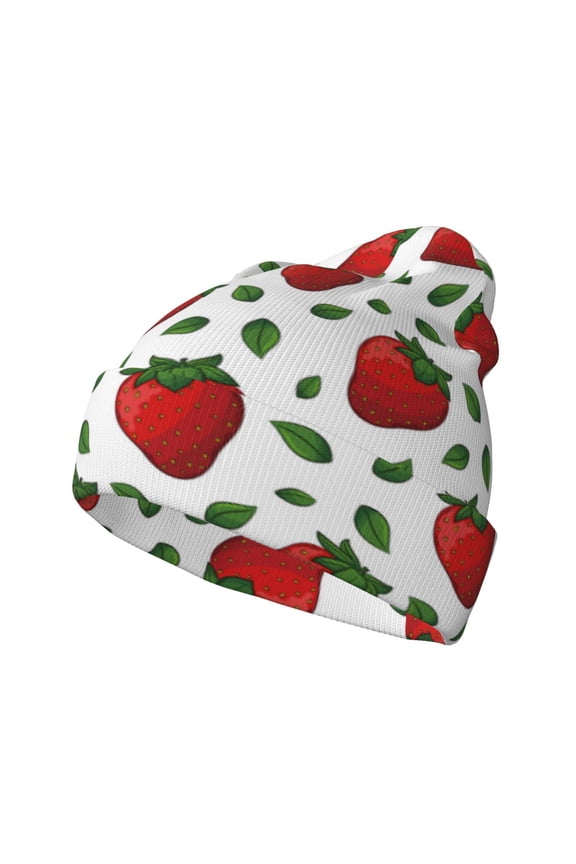 Strawberry Pattern Knitted Beanie Hat for Men and Women , Unisex Winter Warm Stretchy Knit Cap Thick Fisherman Beanies Cuffed Plain Skull Caps