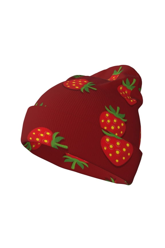 Strawberry Pattern Knitted Beanie Hat for Men and Women , Unisex Winter Warm Stretchy Knit Cap Thick Fisherman Beanies Cuffed Plain Skull Caps