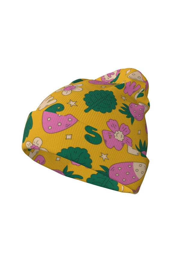 Strawberry Pattern Knitted Beanie Hat for Men and Women , Unisex Winter Warm Stretchy Knit Cap Thick Fisherman Beanies Cuffed Plain Skull Caps