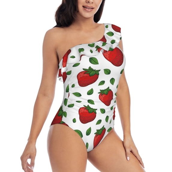 Picia Strawberry Pattern Women's One Piece Swimsuits,One Shoulder Swimwear Asymmetric ,Ruffle Monokinis Bathing Suits,High Waisted Flattering Bathing Suits-Small
