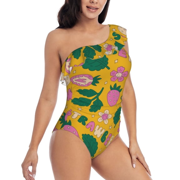Picia Strawberry Pattern Women's One Piece Swimsuits,One Shoulder Swimwear Asymmetric ,Ruffle Monokinis Bathing Suits,High Waisted Flattering Bathing Suits-XX-Large