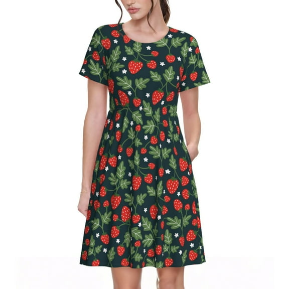 Picia Strawberry Pattern Women's Short Sleeve Summer Dress Pleated Loose Swing Knee Length Short Sleeve Swing Dresses