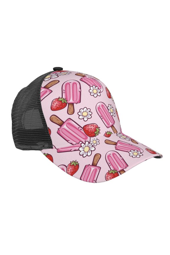Strawberry Popsicle Pattern Trucker Hat,Baseball Cap,Sun Protection Cap,Stylish Headwear,Leisure Cap,Outdoor Sports Cap