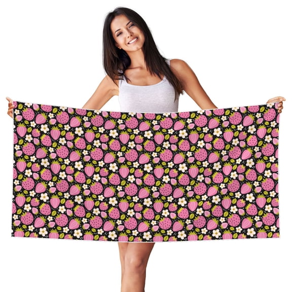 Picia Strawberry Print Silver Fox Velvet Beach Towel,Quick-Dry Beach Towel,Lightweight Travel Towel,Portable Beach Towels