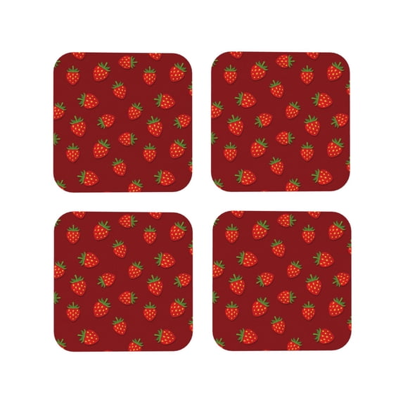 Picia Strawberry Printed Leather Coasters for Drinks, 4" Drink Coasters Set of 4 for Tabletop Protection, Handmade Luxurious Home Décor and Housewarming Gift -Square