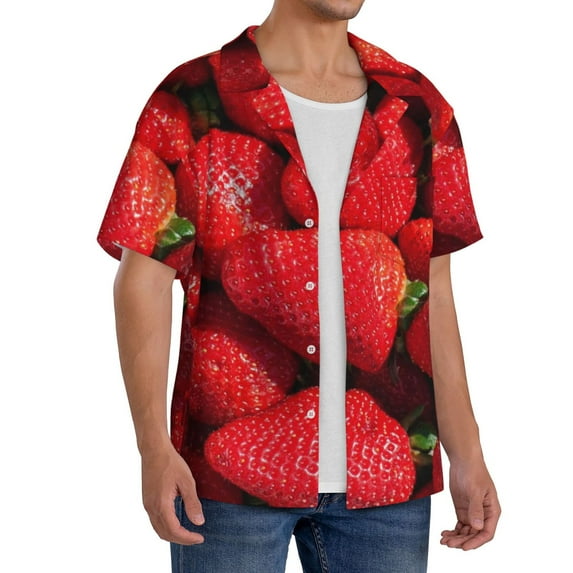 Picia Strawberry Red Men's Linen Shirts Short Sleeve Cuban Beach Shirts Casual Shirts Button Down Shirt for Men Beach Summer Wedding Shirt-3X-Large