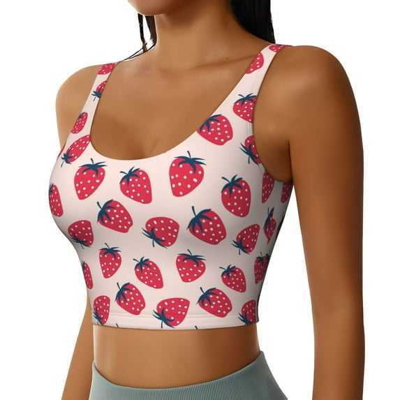 Picia Strawberry Sports Bra for Women,Padded Strappy Sports Bras Medium Support Yoga Bra with Removable Cups,Running Yoga Bra-Small