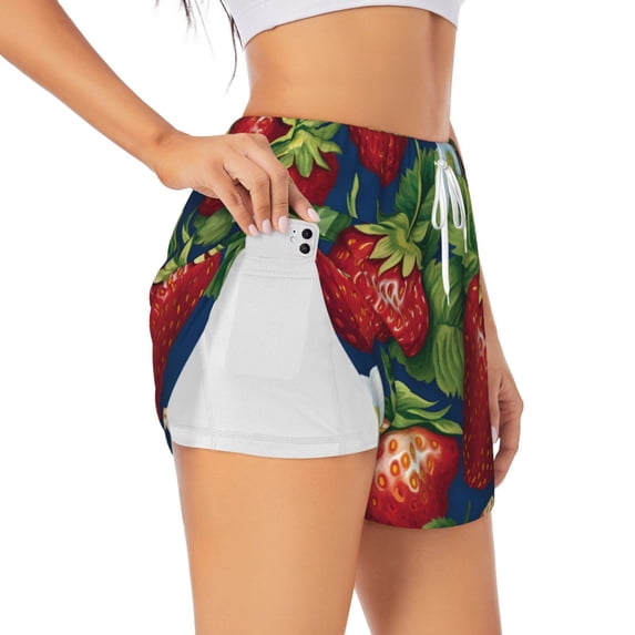 Picia Strawberry2 Pattern Women's 2 in 1 Athletic Running Shorts High Waisted Workout Casual Gym Sweat Shorts with Comfy Liner Zipper Pockets-Large
