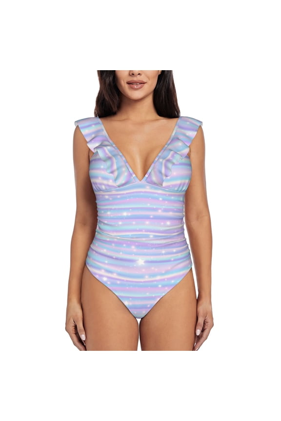 Striped Gradient Blooming Jelly Womens Tummy Control Bathing Suits Slimming Ruffle Swimsuit One Piece Lace Swimwear-