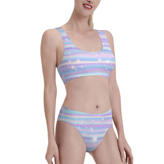 Picia Striped Gradient Women's High Waisted Bikini Scoop Neck Swimsuit Two Pieces Bathing Suit-XX-Large
