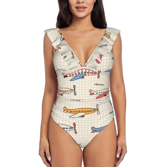 Picia Striped Vintage Planes Blooming Jelly Womens Tummy Control Bathing Suits Slimming Ruffle Swimsuit One Piece Lace Swimwear-