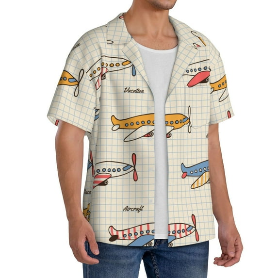 Picia Striped Vintage Planes Men's Linen Shirts Short Sleeve Cuban Beach Shirts Casual Shirts Button Down Shirt for Men Beach Summer Wedding Shirt-XX-Large