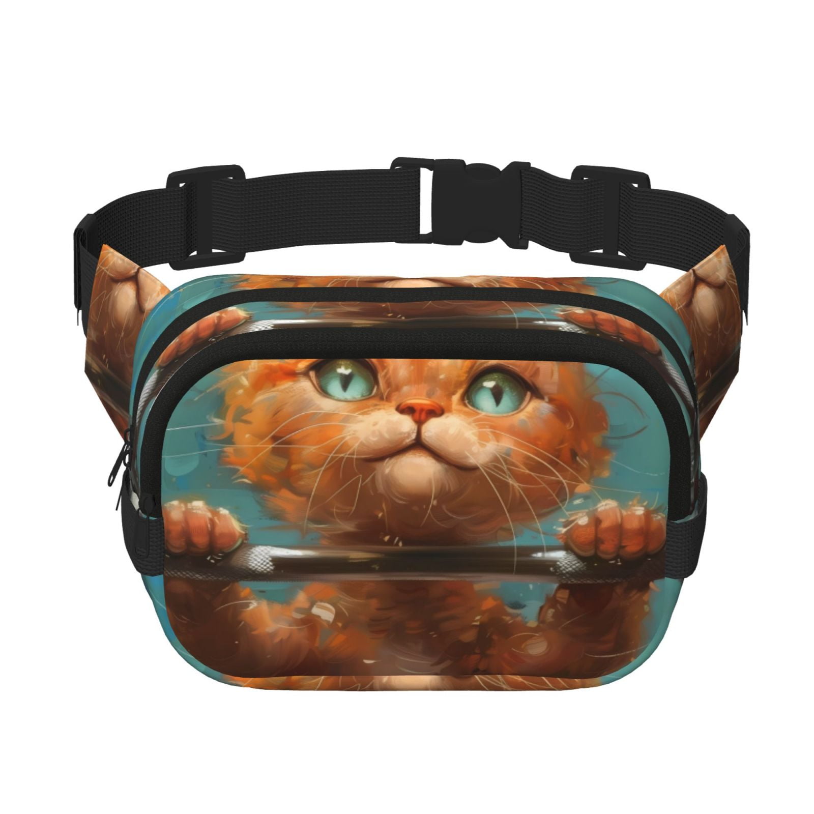 Picia Strong Kitten Lifting Weights Print Square Double-Layer Waist Bag Mini Adjustable Waist Belt Bag Exercise Running Travel Hiking